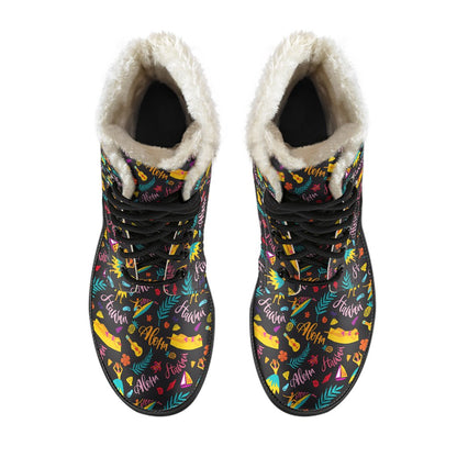 Aloha Hawaii Summer Design Themed Print Faux Fur Leather Boots-JTAMIGO.COM