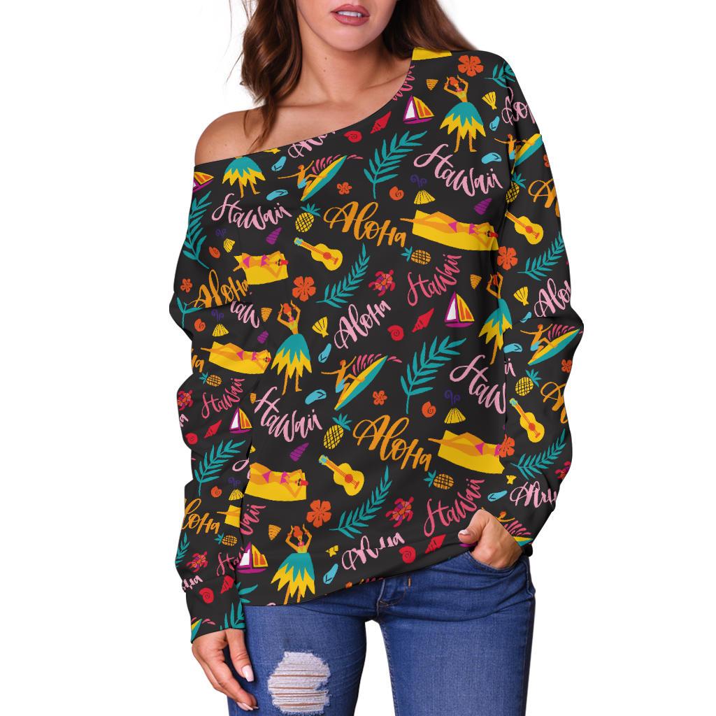Aloha Hawaii Summer Design Themed Print Off Shoulder Sweatshirt