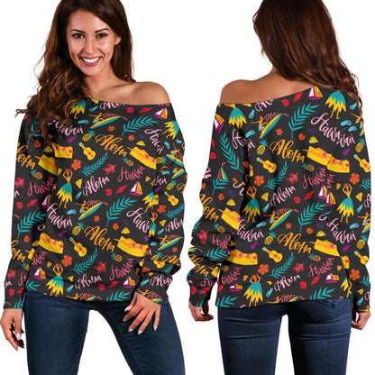 Aloha Hawaii Summer Design Themed Print Off Shoulder Sweatshirt