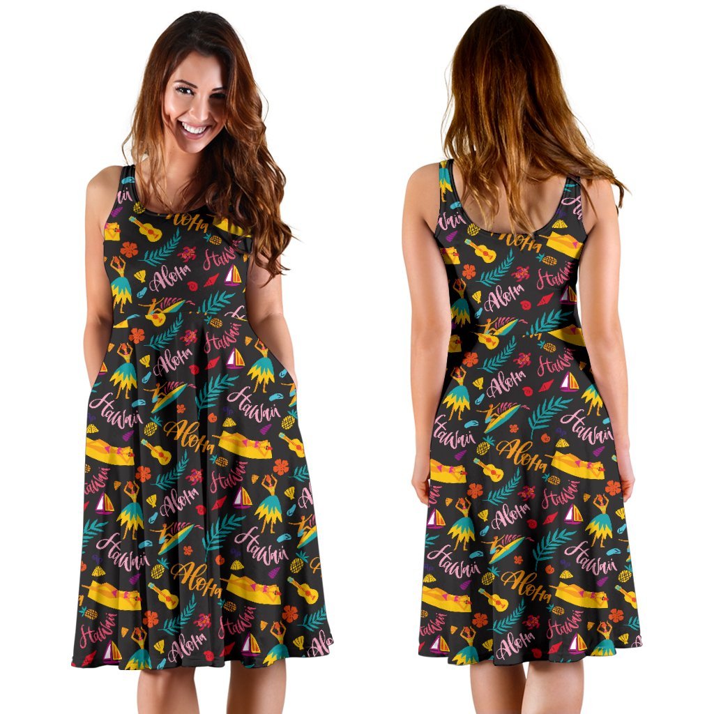 Aloha Hawaii Summer Design Themed Print Sleeveless Dress