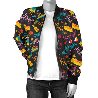 Aloha Hawaii Summer Design Themed Print Women Casual Bomber Jacket