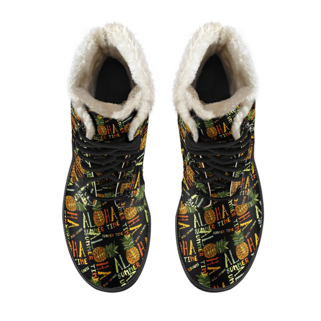 Aloha Hawaii Time Design Themed Print Faux Fur Leather Boots-JTAMIGO.COM