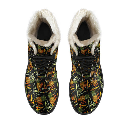 Aloha Hawaii Time Design Themed Print Faux Fur Leather Boots-JTAMIGO.COM