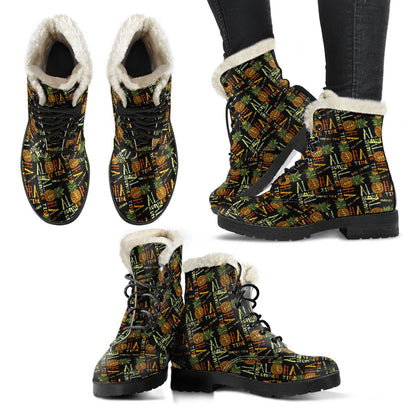 Aloha Hawaii Time Design Themed Print Faux Fur Leather Boots-JTAMIGO.COM