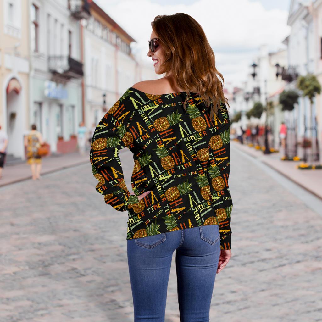 Aloha Hawaii Time Design Themed Print Off Shoulder Sweatshirt