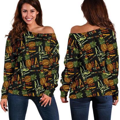 Aloha Hawaii Time Design Themed Print Off Shoulder Sweatshirt