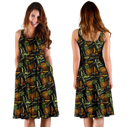 Aloha Hawaii Time Design Themed Print Sleeveless Dress