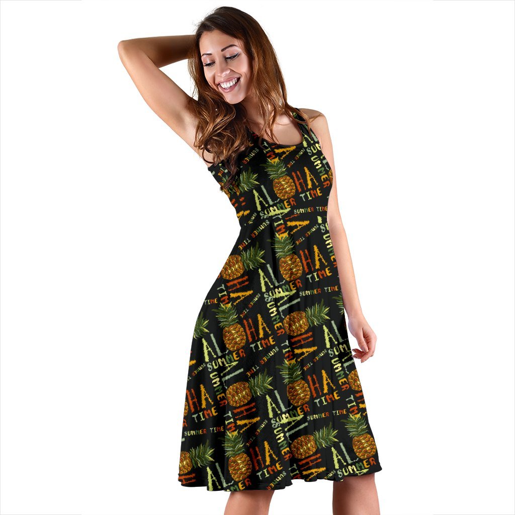 Aloha Hawaii Time Design Themed Print Sleeveless Dress
