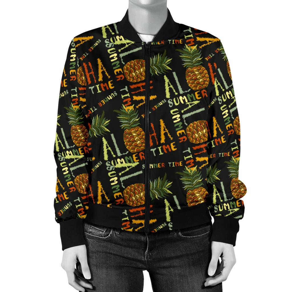 Aloha Hawaii Time Design Themed Print Women Casual Bomber Jacket