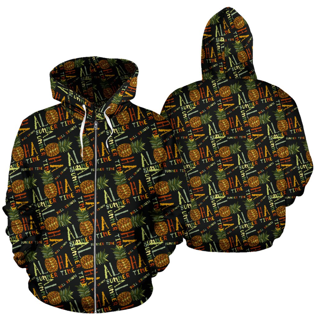 Aloha Hawaii Time Design Themed Print Zip Up Hoodie