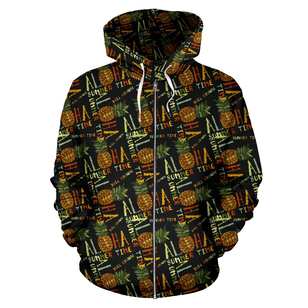 Aloha Hawaii Time Design Themed Print Zip Up Hoodie