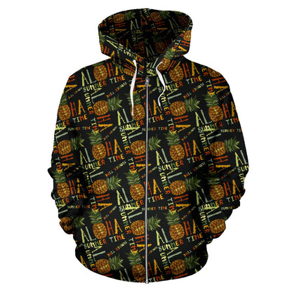 Aloha Hawaii Time Design Themed Print Zip Up Hoodie