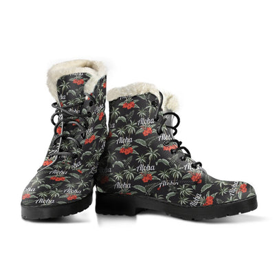 Aloha Palm Tree Design Themed Print Faux Fur Leather Boots-JTAMIGO.COM