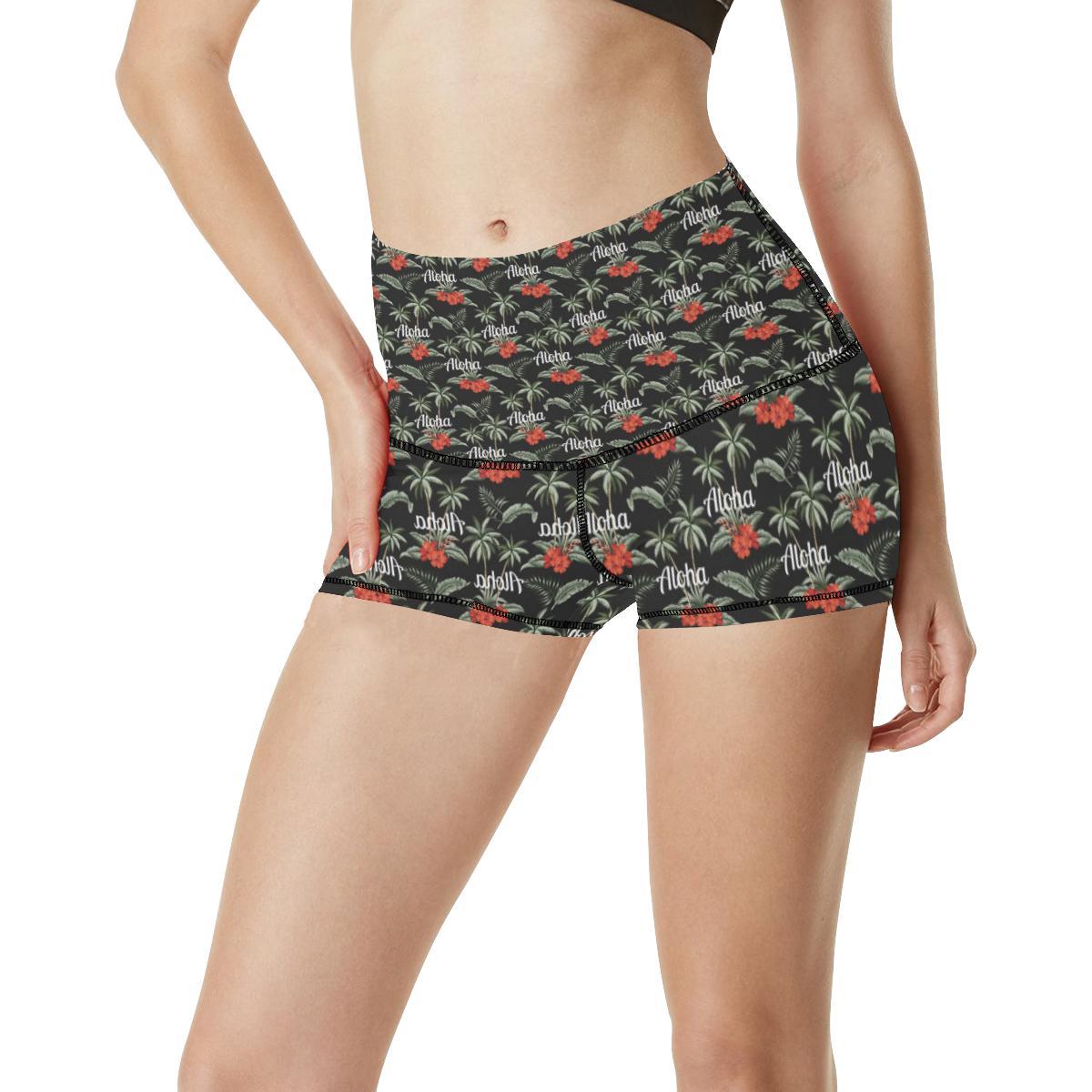 Aloha Palm Tree Design Themed Print High Waisted Spandex Shorts-JTAMIGO.COM