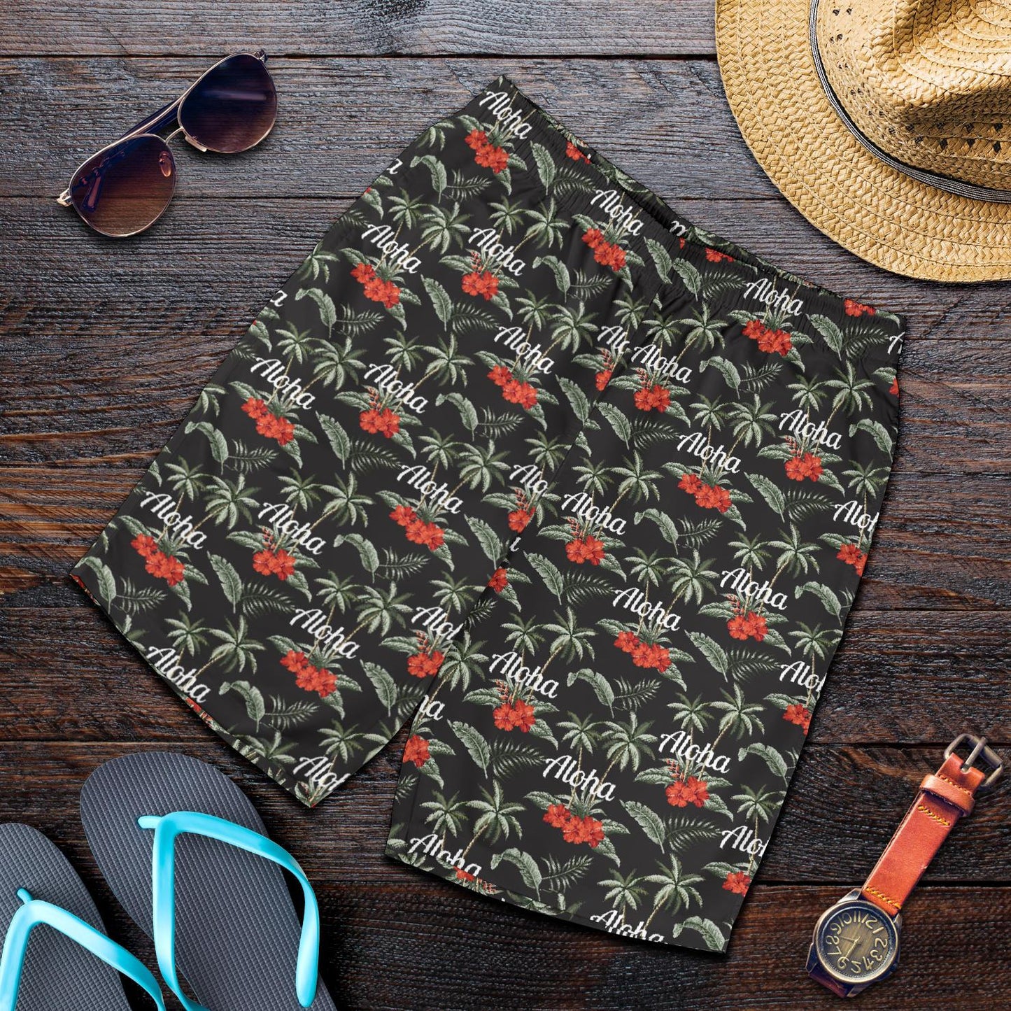 Aloha Palm Tree Design Themed Print Mens Shorts-JTAMIGO.COM