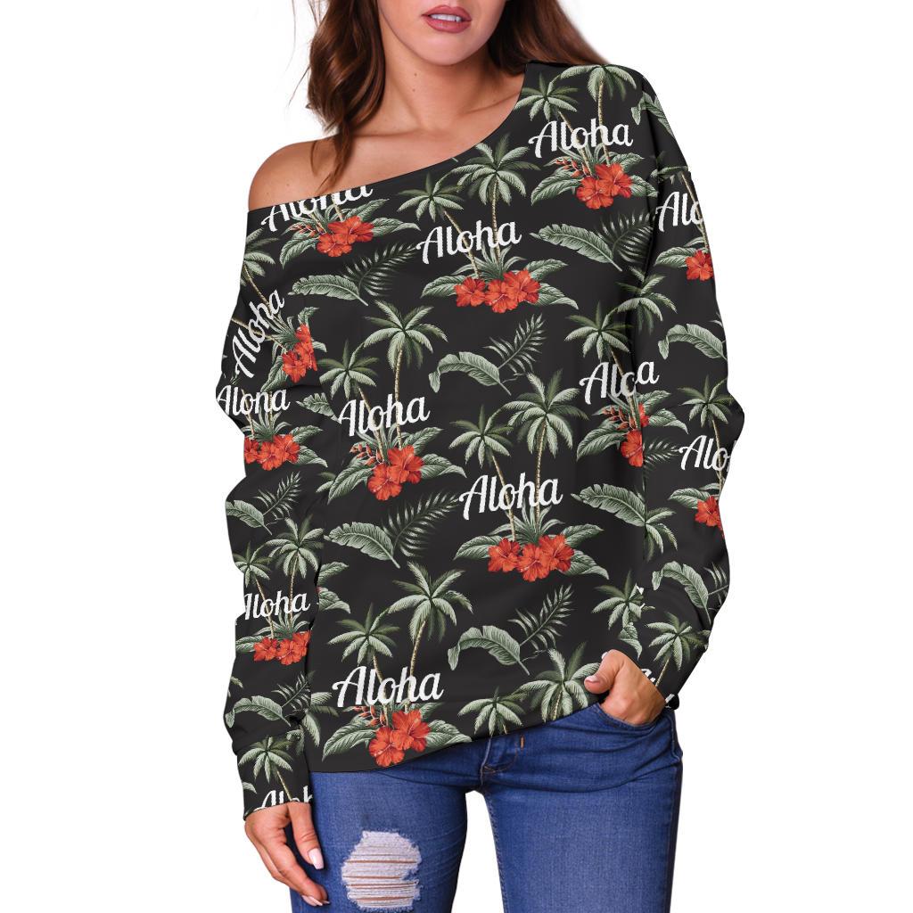 Aloha Palm Tree Design Themed Print Off Shoulder Sweatshirt