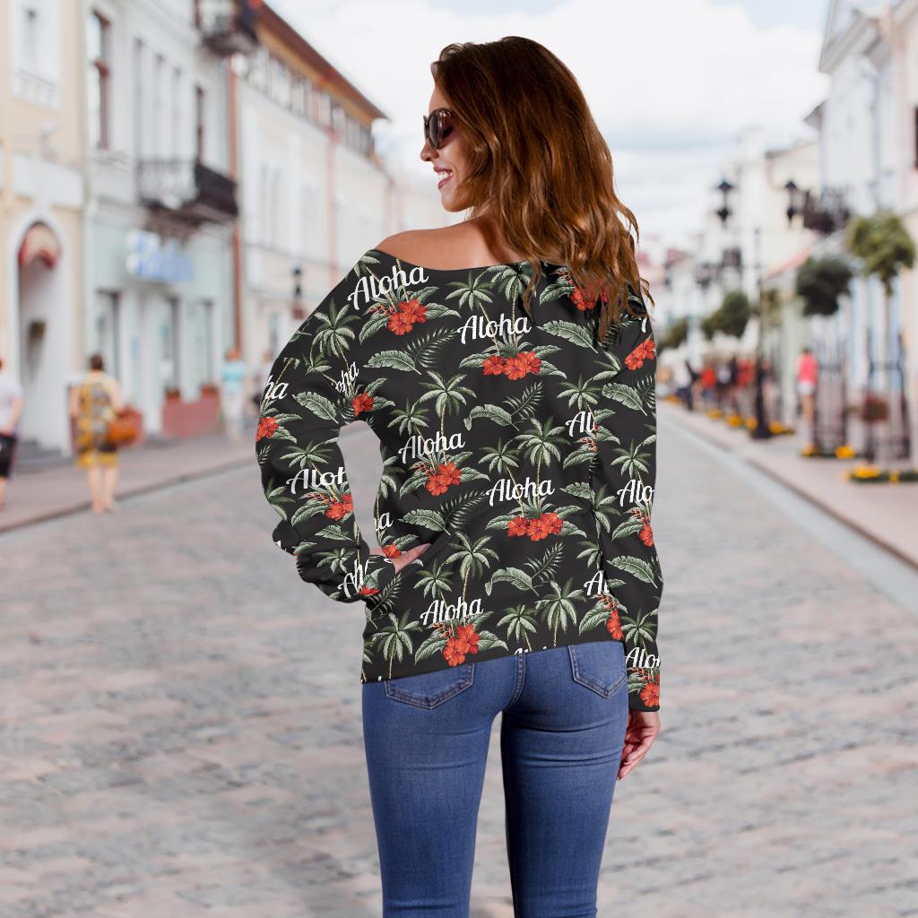 Aloha Palm Tree Design Themed Print Off Shoulder Sweatshirt
