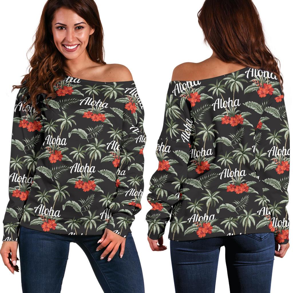 Aloha Palm Tree Design Themed Print Off Shoulder Sweatshirt