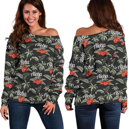 Aloha Palm Tree Design Themed Print Off Shoulder Sweatshirt