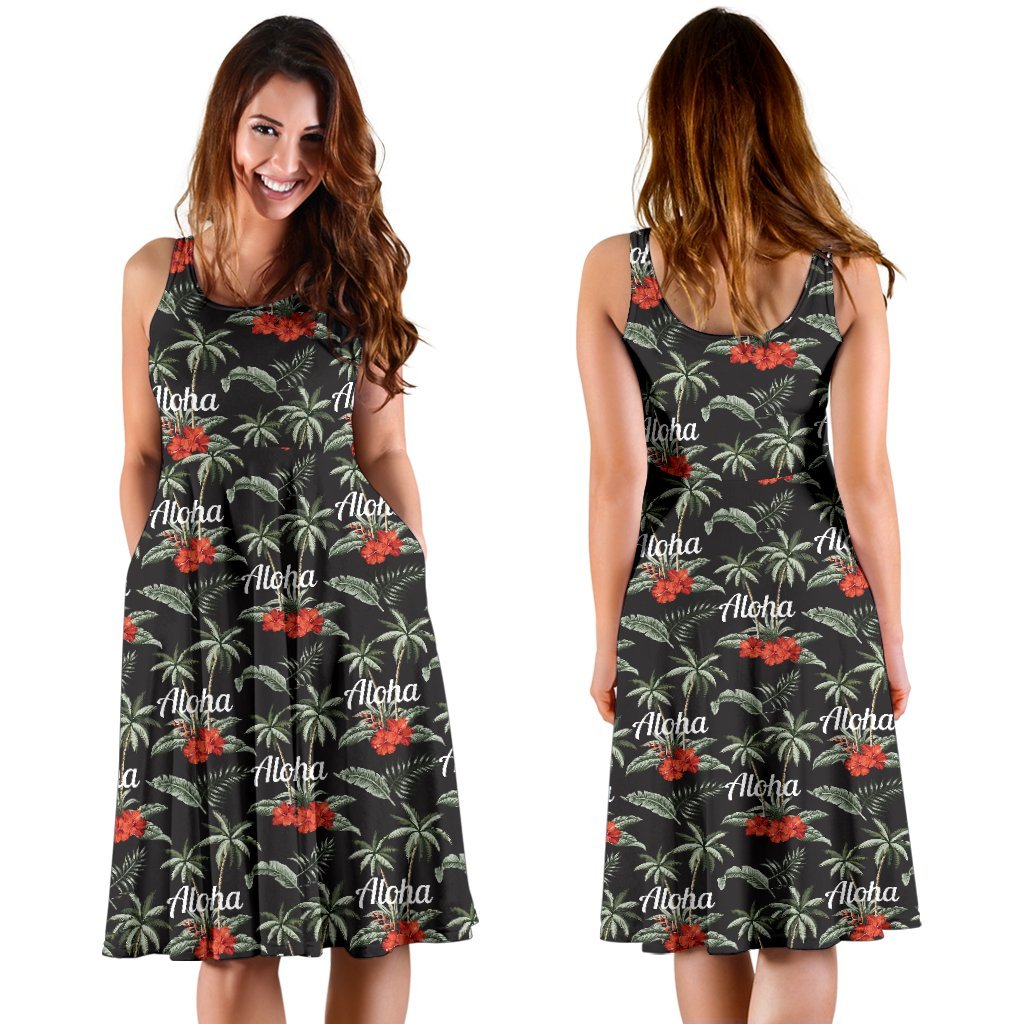 Aloha Palm Tree Design Themed Print Sleeveless Dress