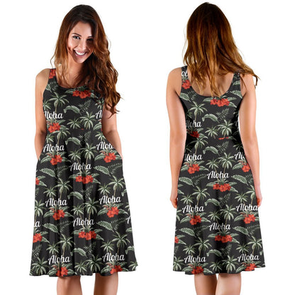 Aloha Palm Tree Design Themed Print Sleeveless Dress