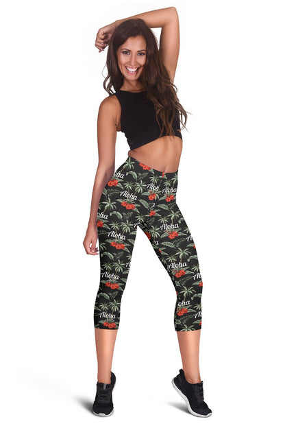 Aloha Palm Tree Design Themed Print Women Capris