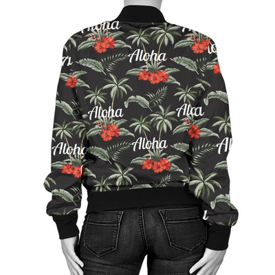Aloha Palm Tree Design Themed Print Women Casual Bomber Jacket