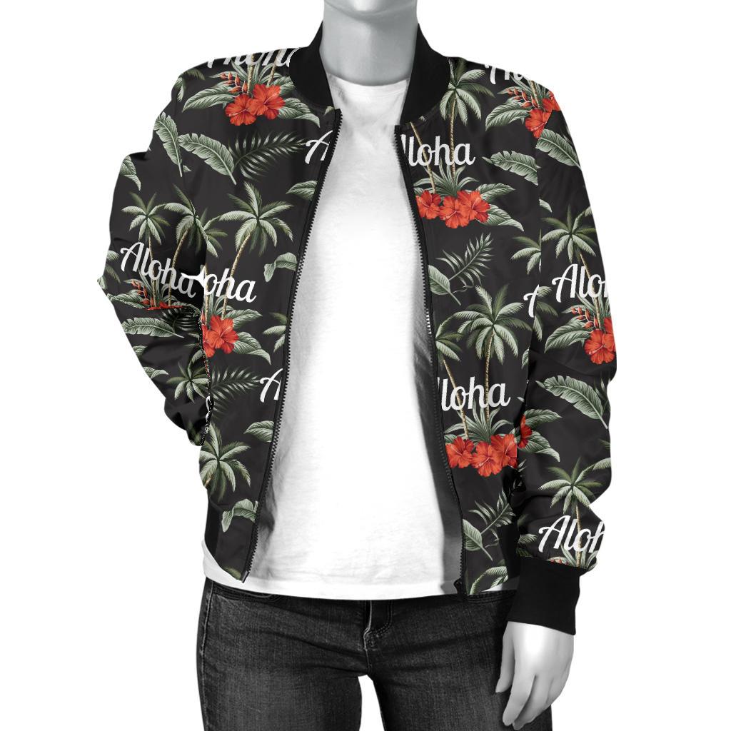 Aloha Palm Tree Design Themed Print Women Casual Bomber Jacket