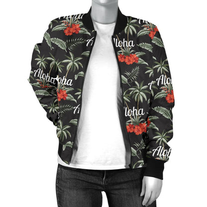 Aloha Palm Tree Design Themed Print Women Casual Bomber Jacket