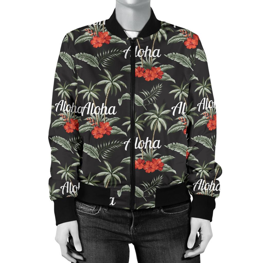 Aloha Palm Tree Design Themed Print Women Casual Bomber Jacket