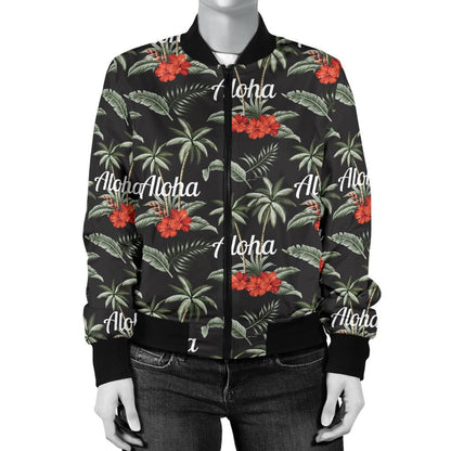 Aloha Palm Tree Design Themed Print Women Casual Bomber Jacket