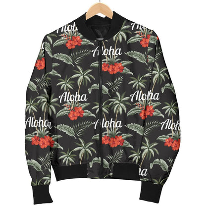 Aloha Palm Tree Design Themed Print Women Casual Bomber Jacket