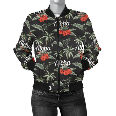 Aloha Palm Tree Design Themed Print Women Casual Bomber Jacket