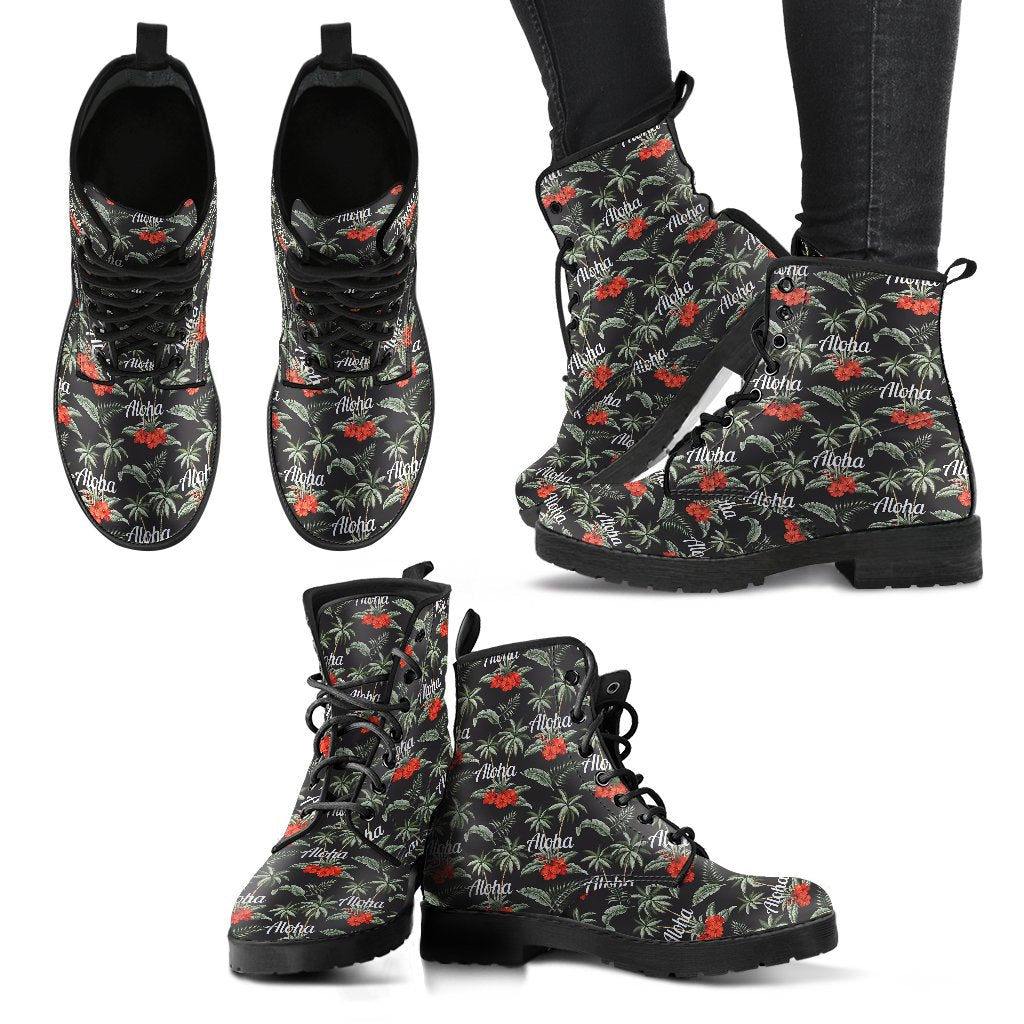 Aloha Palm Tree Design Themed Print Women Leather Boots-JTAMIGO.COM