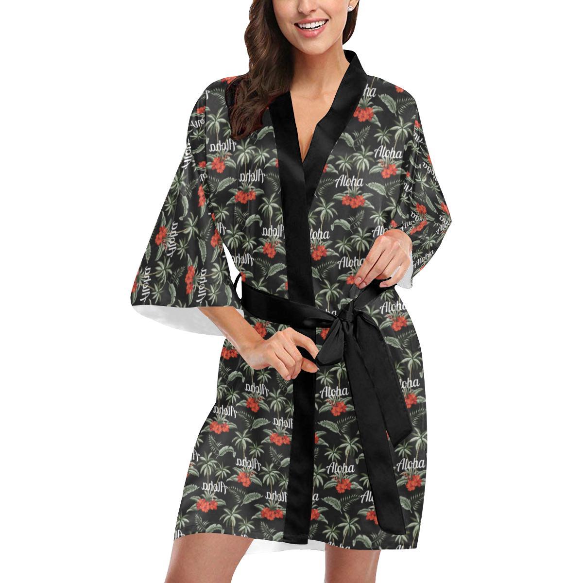 Aloha Palm Tree Design Themed Print Women Short Kimono Robe