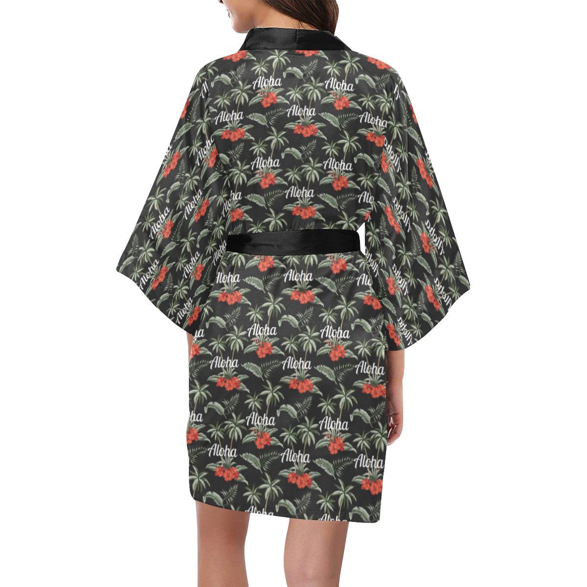 Aloha Palm Tree Design Themed Print Women Short Kimono Robe