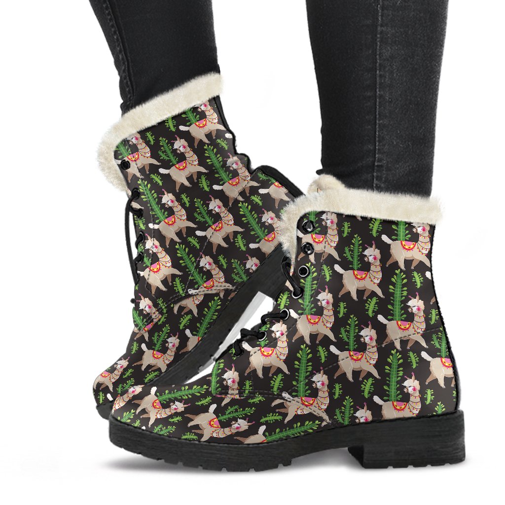 Alpaca Cactus Design Themed Print Faux Fur Leather Boots-JTAMIGO.COM