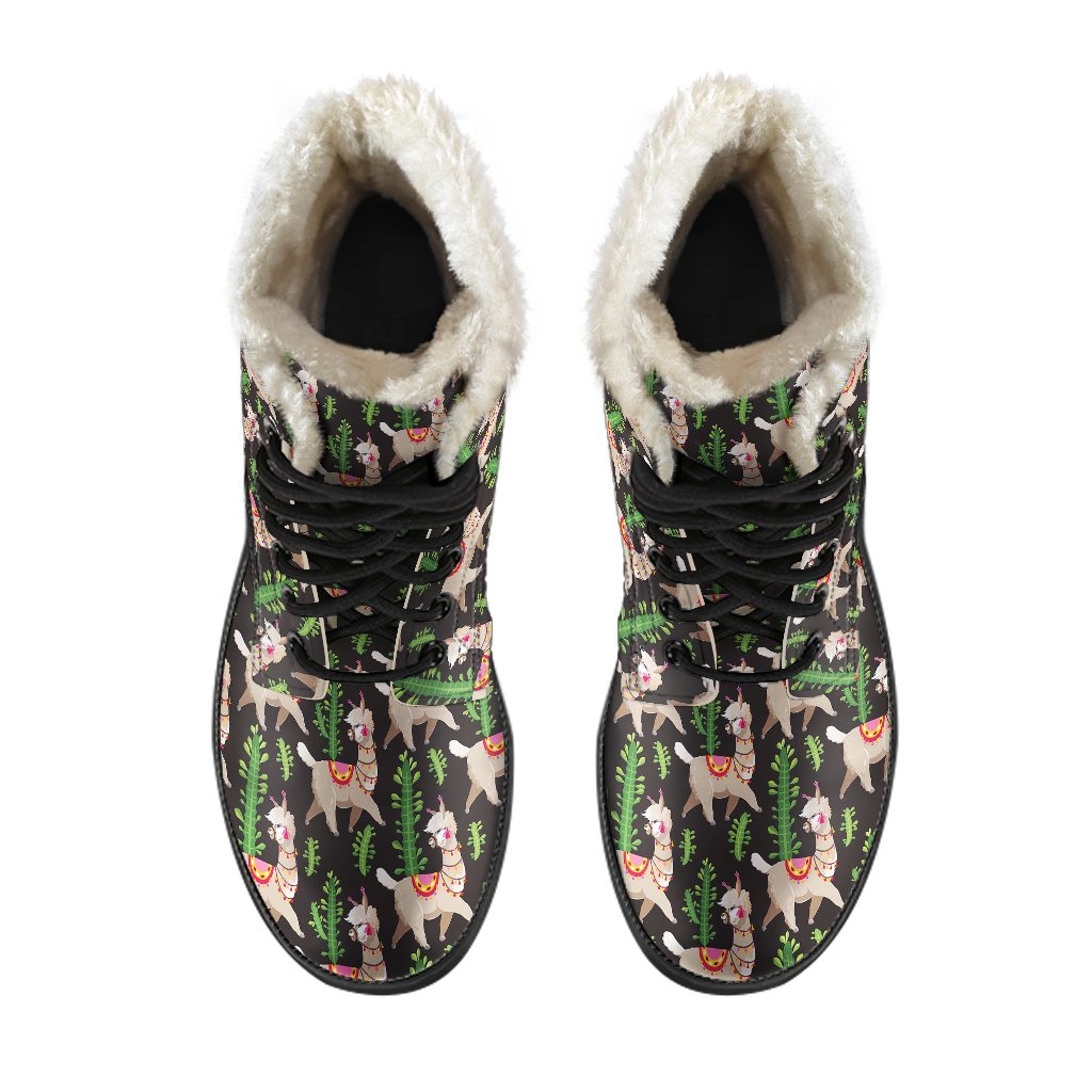 Alpaca Cactus Design Themed Print Faux Fur Leather Boots-JTAMIGO.COM