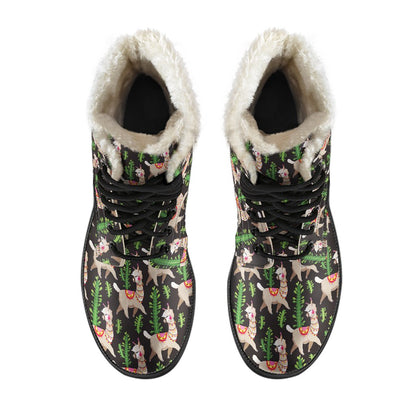 Alpaca Cactus Design Themed Print Faux Fur Leather Boots-JTAMIGO.COM