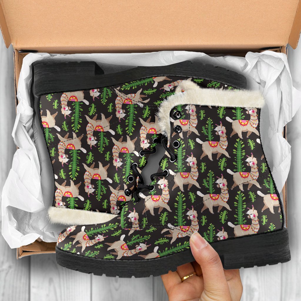 Alpaca Cactus Design Themed Print Faux Fur Leather Boots-JTAMIGO.COM