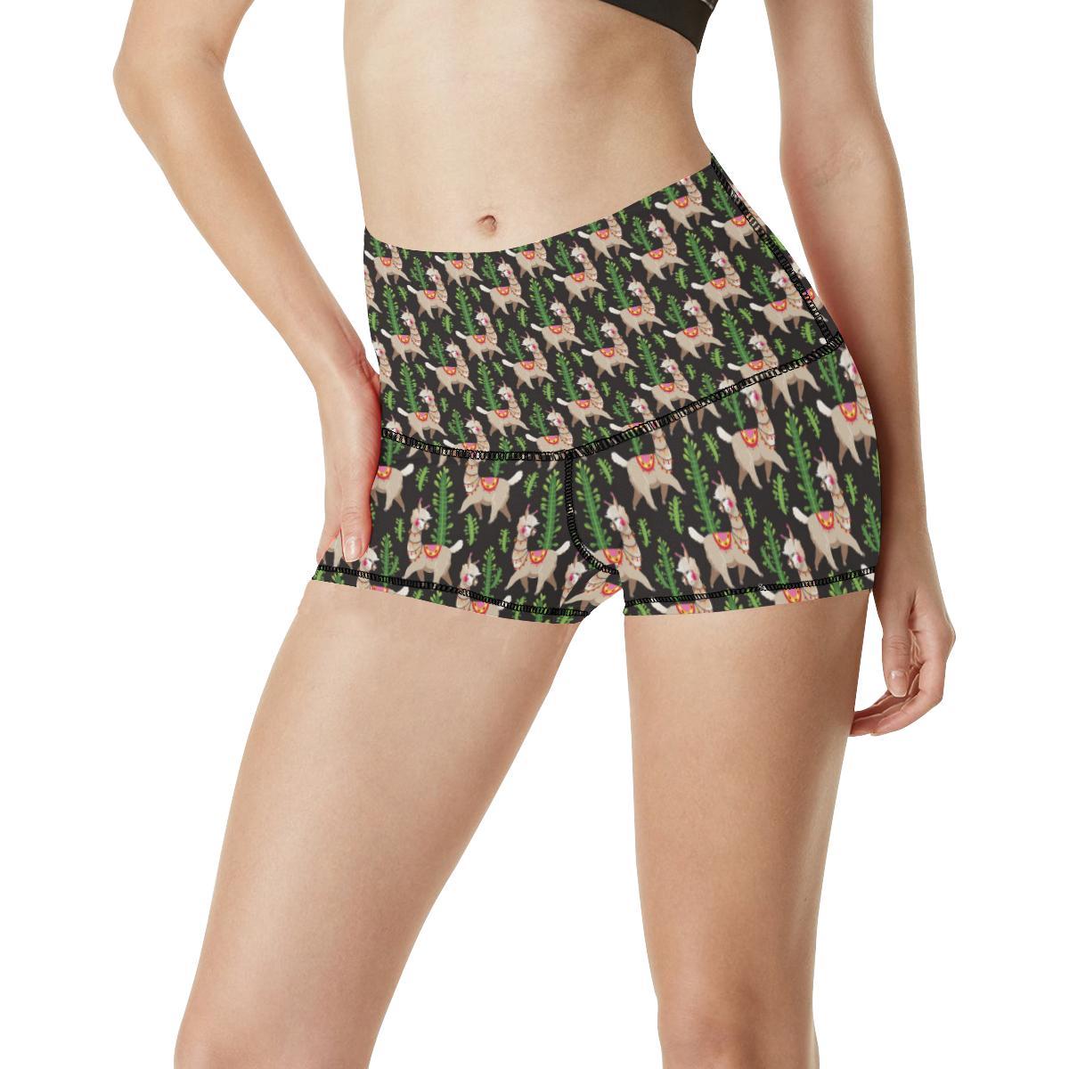 Alpaca Cactus Design Themed Print High Waisted Spandex Shorts-JTAMIGO.COM