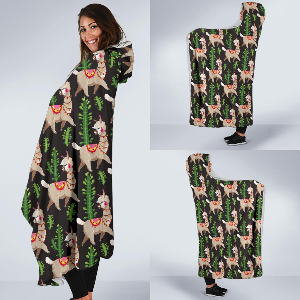 Alpaca Cactus Design Themed Print Hooded Blanket-JTAMIGO.COM