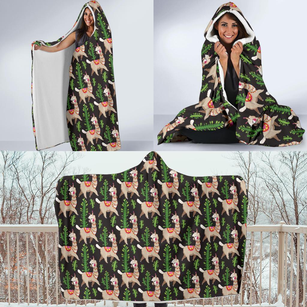 Alpaca Cactus Design Themed Print Hooded Blanket-JTAMIGO.COM
