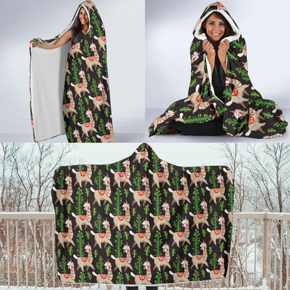 Alpaca Cactus Design Themed Print Hooded Blanket-JTAMIGO.COM