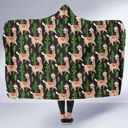 Alpaca Cactus Design Themed Print Hooded Blanket-JTAMIGO.COM