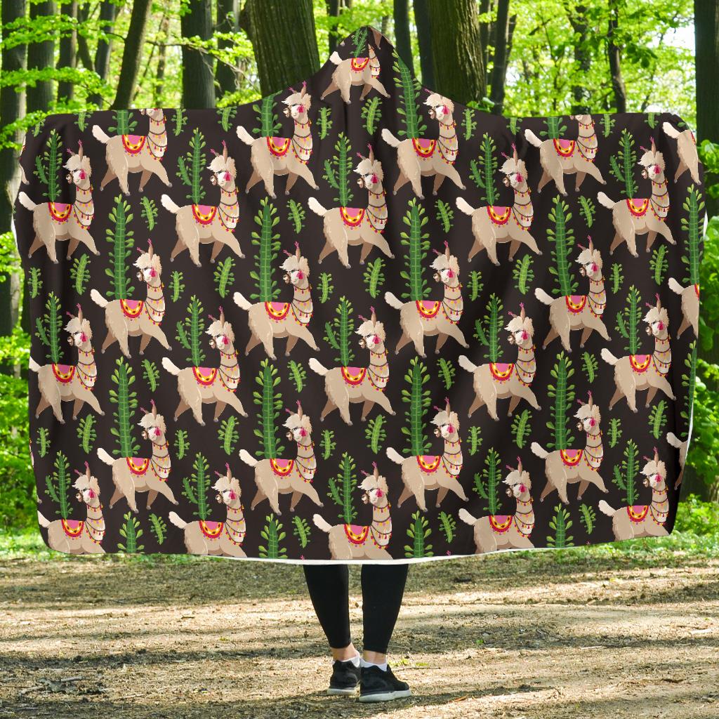 Alpaca Cactus Design Themed Print Hooded Blanket-JTAMIGO.COM