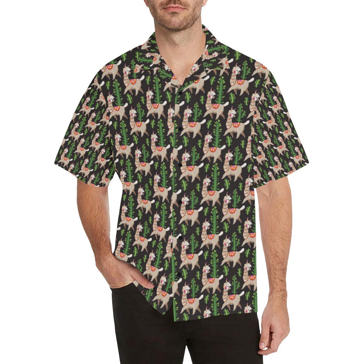 Alpaca Cactus Design Themed Print Men Aloha Hawaiian Shirt