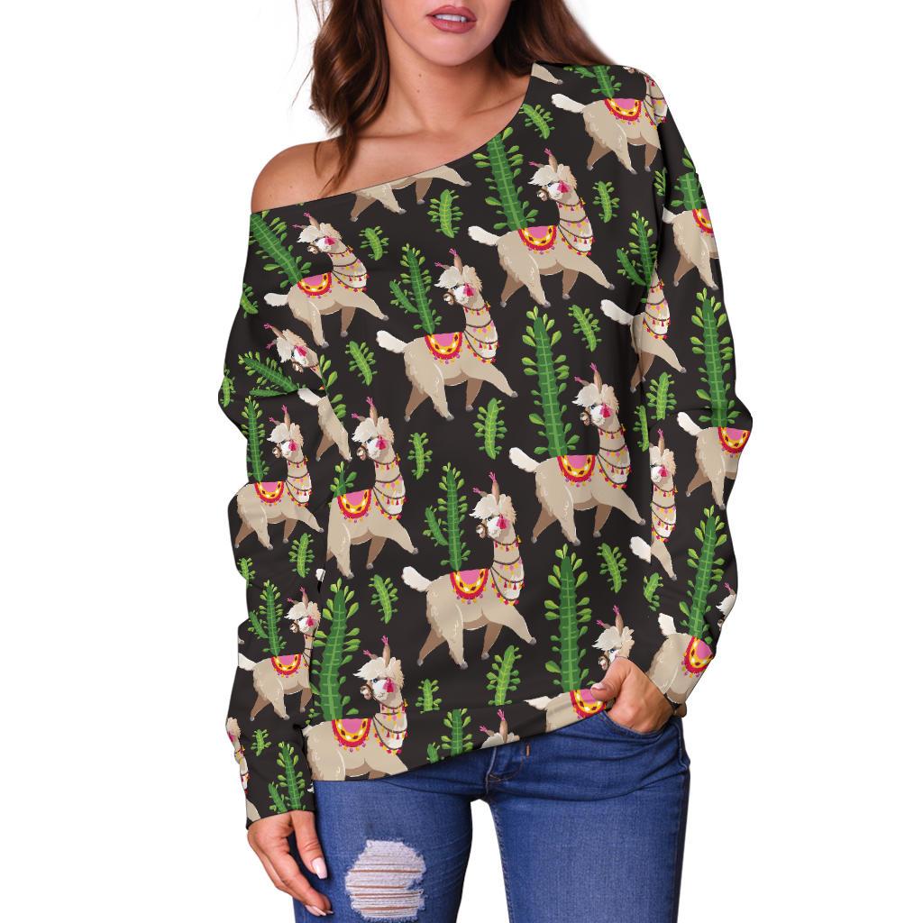Alpaca Cactus Design Themed Print Off Shoulder Sweatshirt