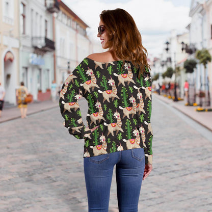 Alpaca Cactus Design Themed Print Off Shoulder Sweatshirt