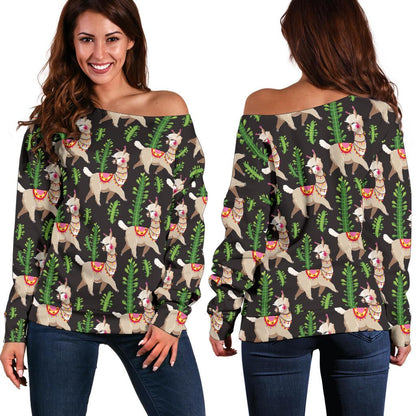 Alpaca Cactus Design Themed Print Off Shoulder Sweatshirt